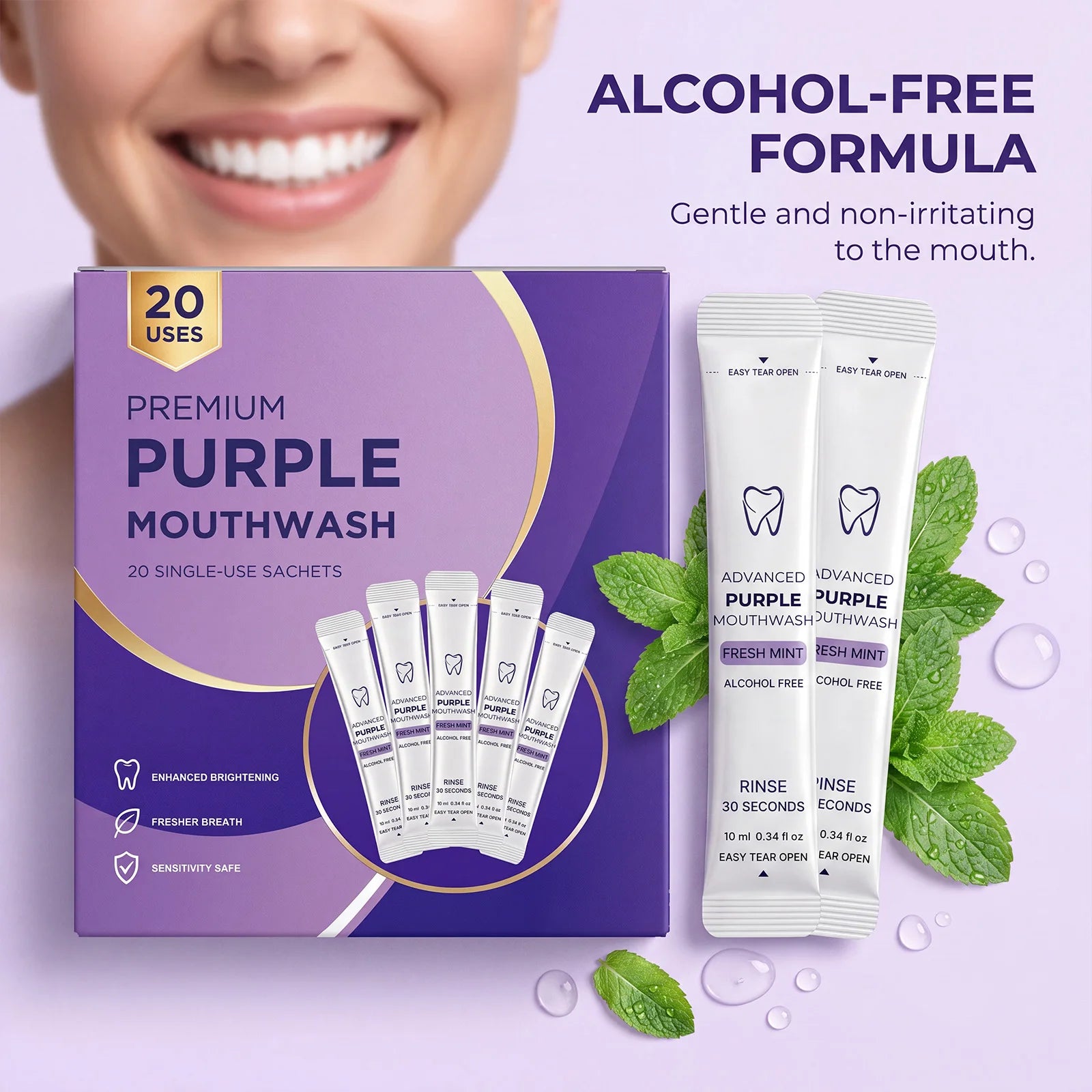 Premium Purple Teeth Whitening Mouthwash Single Use Sachets Alcohol Free Fresh Mint Breath Freshener Gentle Oral Care Portable D