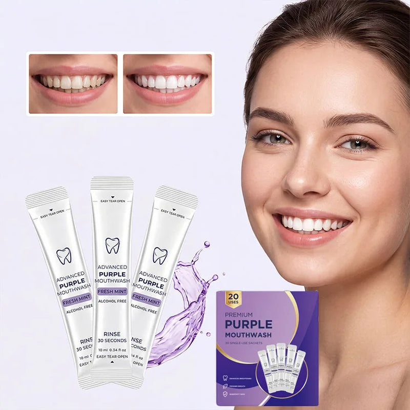 Premium Purple Teeth Whitening Mouthwash Single Use Sachets Alcohol Free Fresh Mint Breath Freshener Gentle Oral Care Portable D