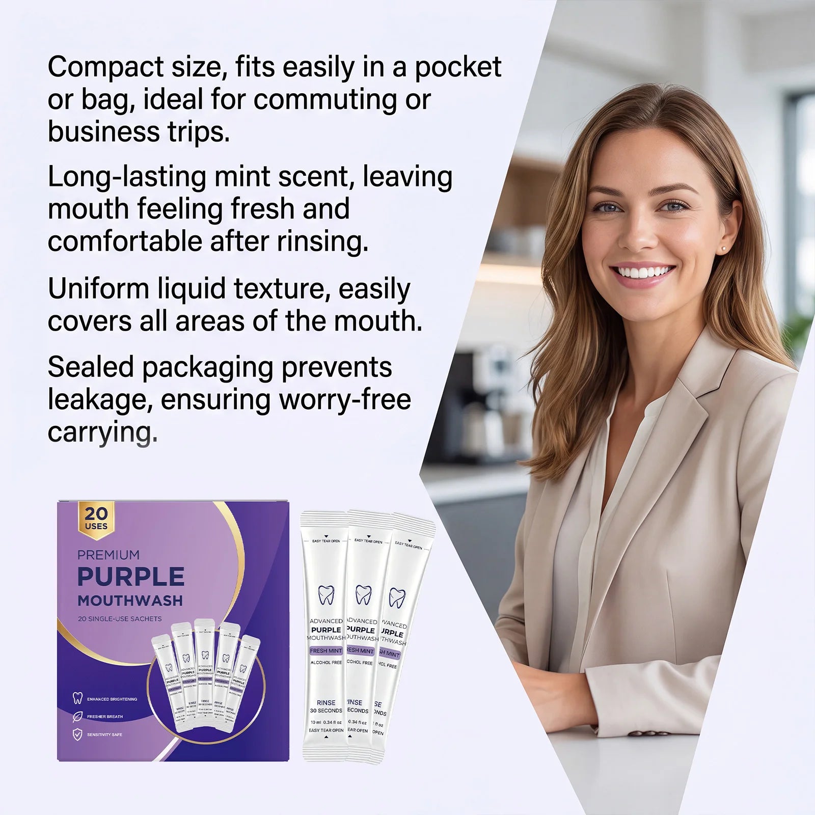 Premium Purple Teeth Whitening Mouthwash Single Use Sachets Alcohol Free Fresh Mint Breath Freshener Gentle Oral Care Portable D