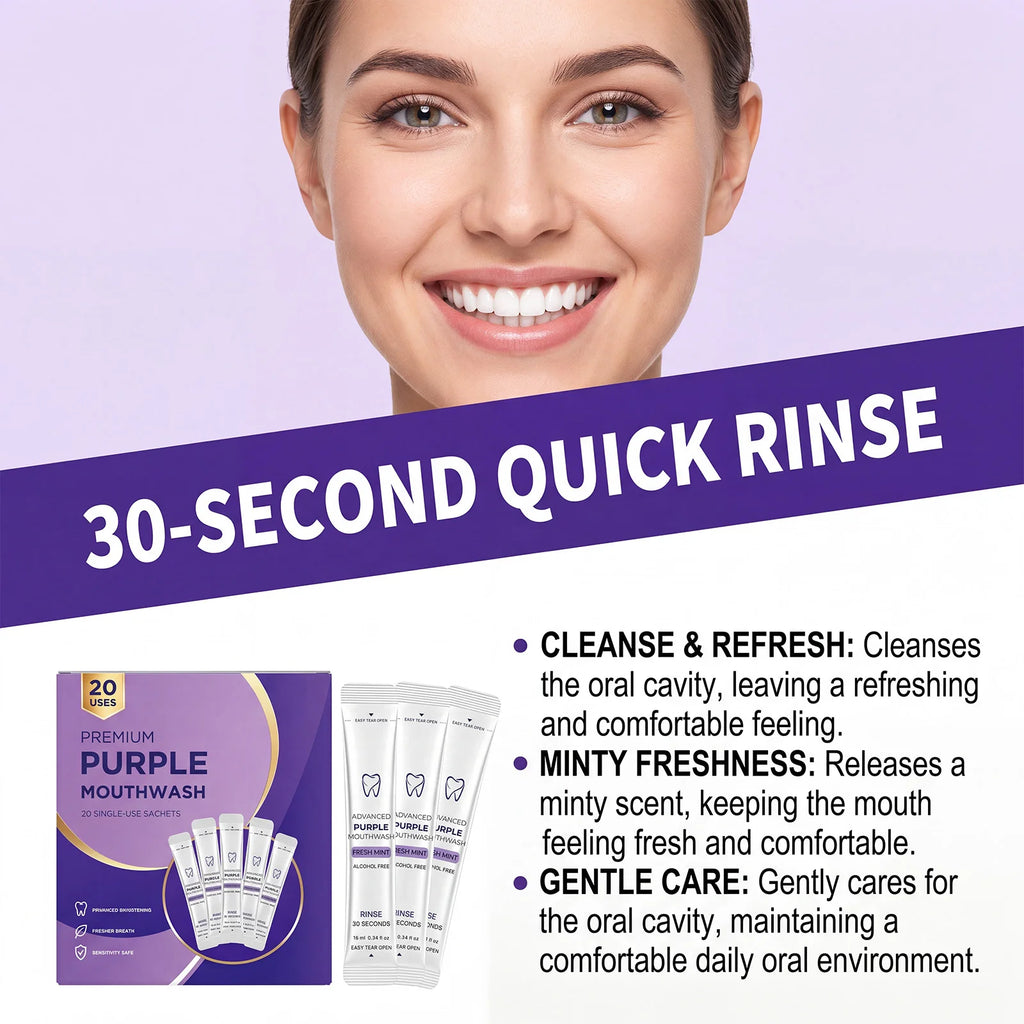 Premium Purple Teeth Whitening Mouthwash Single Use Sachets Alcohol Free Fresh Mint Breath Freshener Gentle Oral Care Portable D