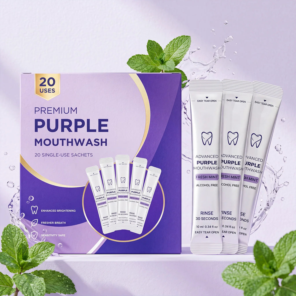 Premium Purple Teeth Whitening Mouthwash Single Use Sachets Alcohol Free Fresh Mint Breath Freshener Gentle Oral Care Portable D